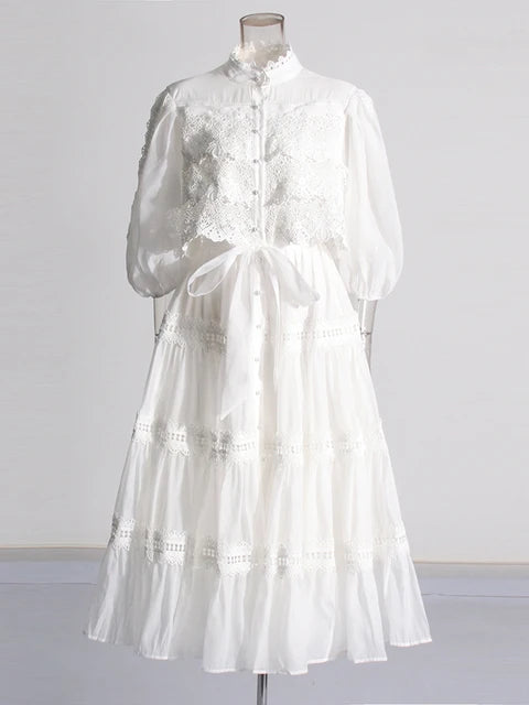 Embroidery mock neck Short Sleeve High Waist dress