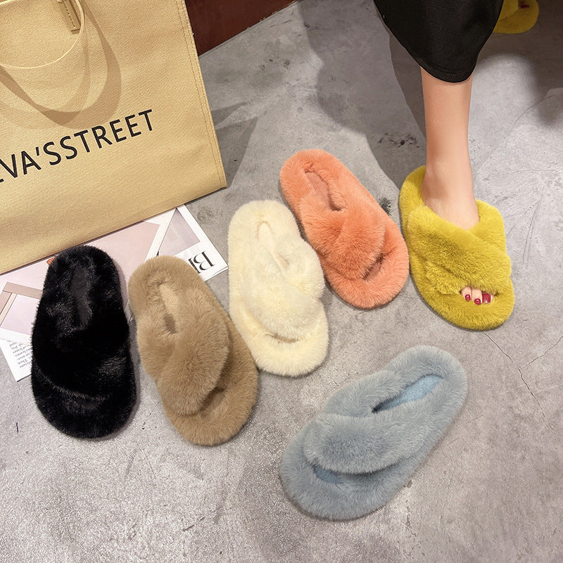 Plus Size New Style Of Autumn And Winter Korean Style All-Match Outer Wear Flat Bottom Fashionable Hairy Women's Slippers