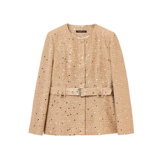 Round neck  belted sequin jacket