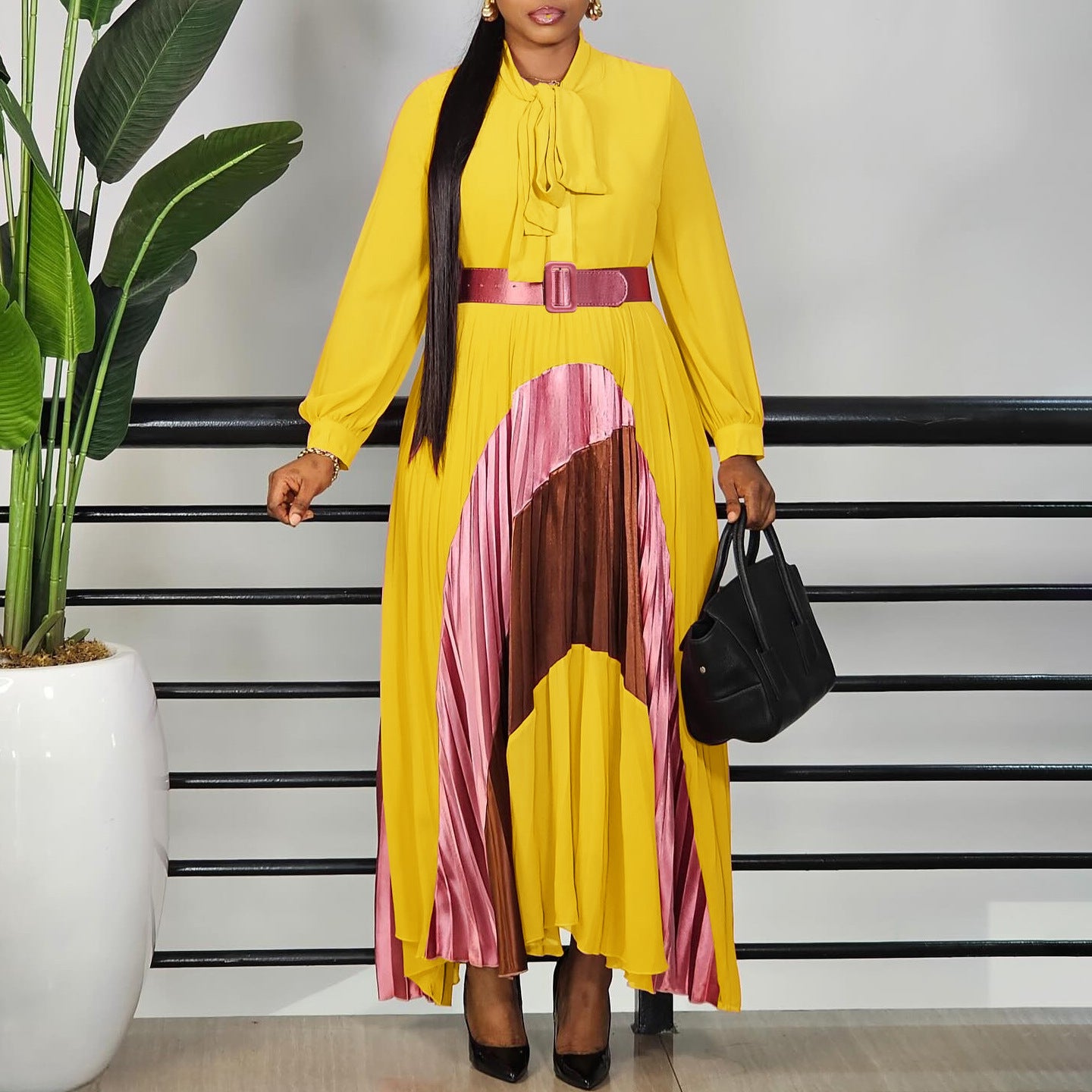pleated color block belted dress