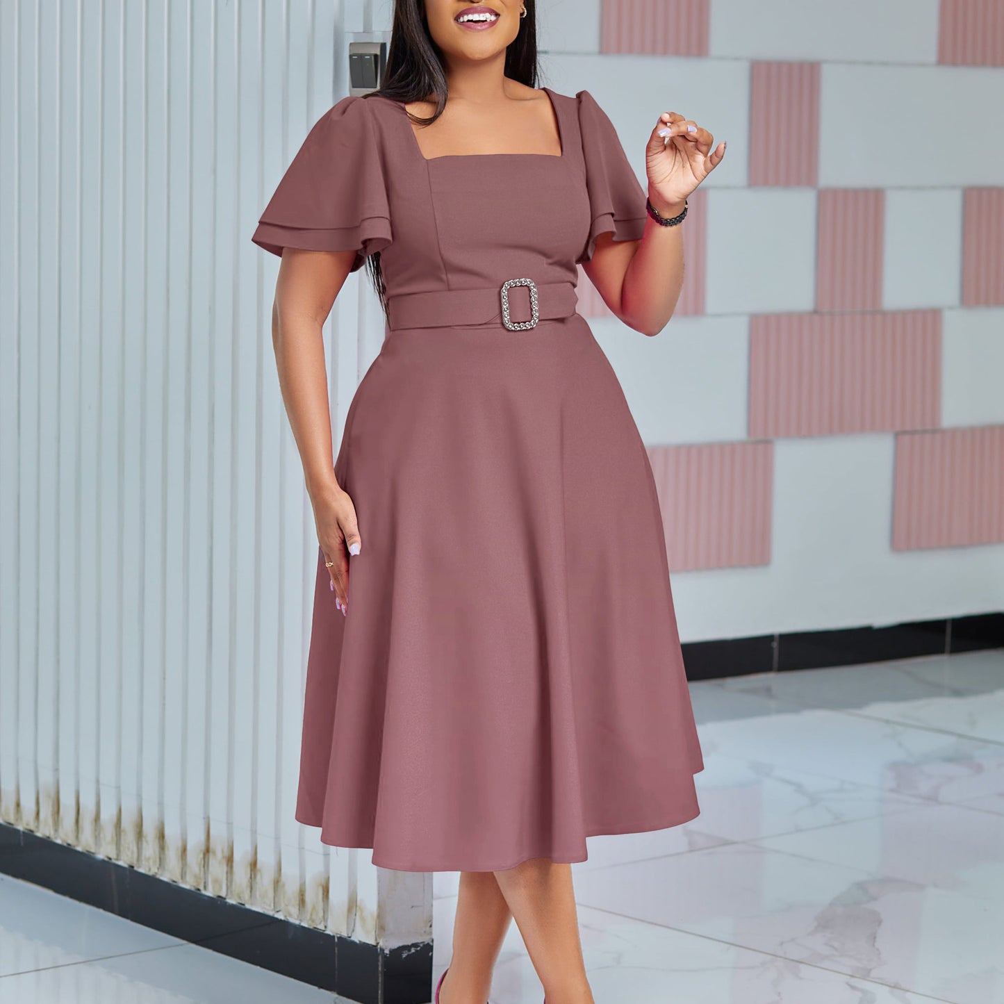 Flared Sleeve Square Neck High Waist elegant dress