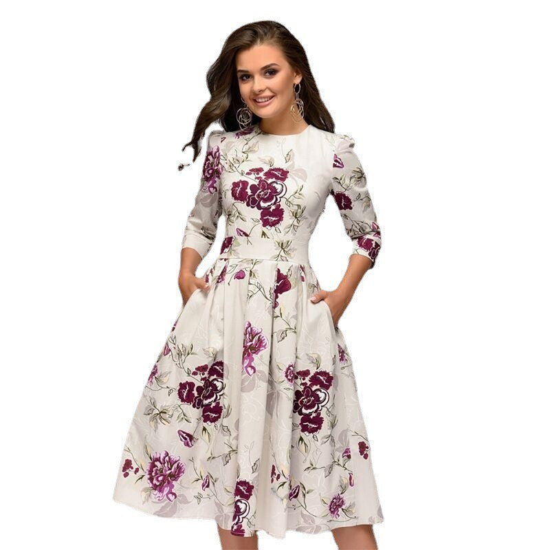 A Line Dress  3/4 Sleeve Round Neck Dress