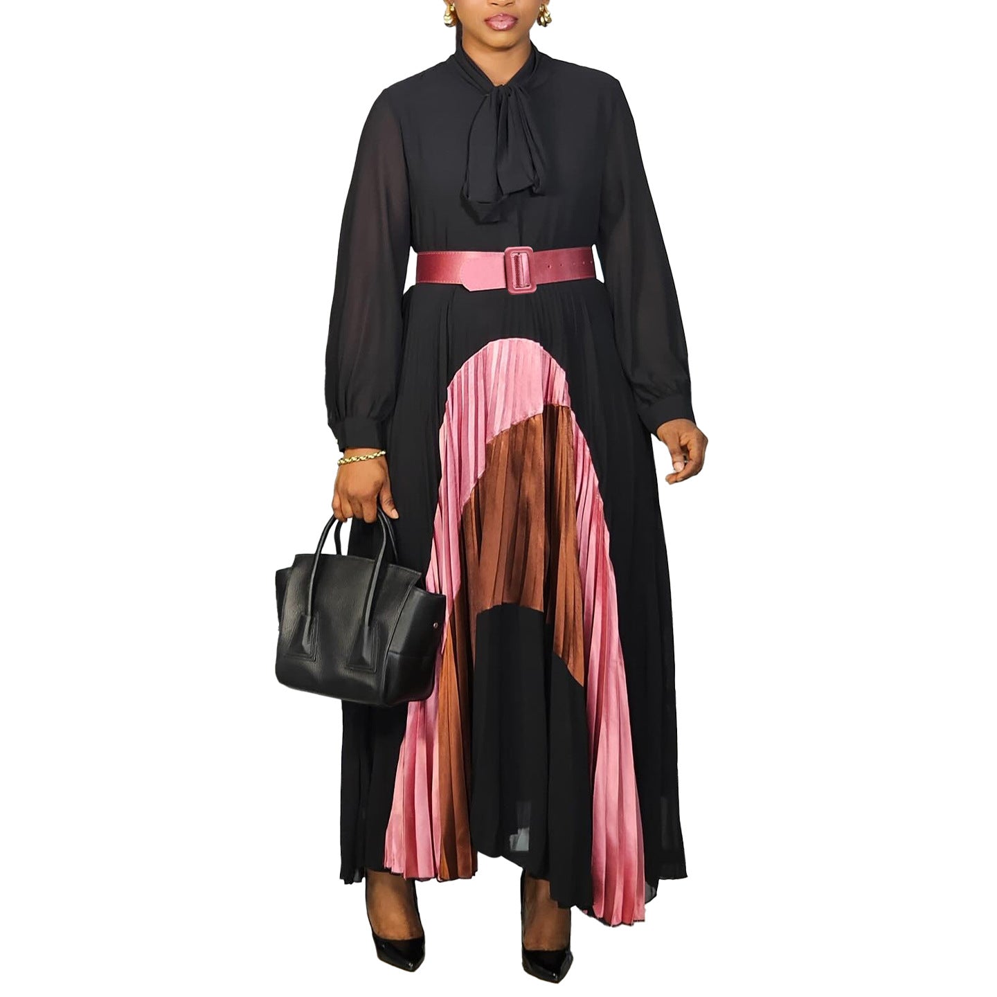 pleated color block belted dress