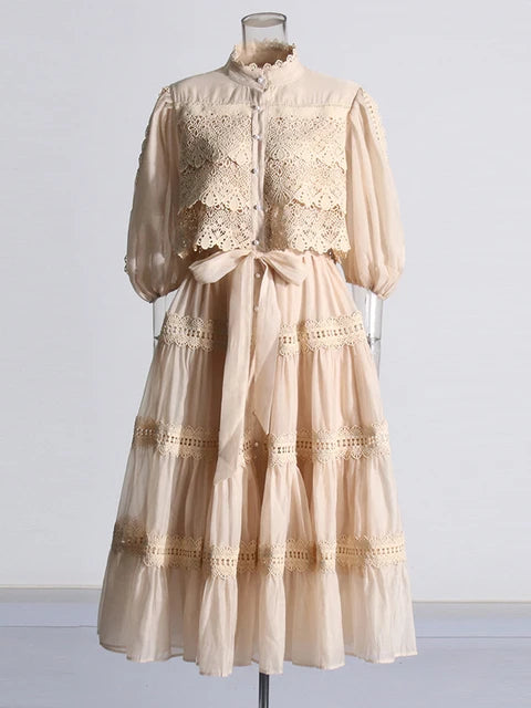 Embroidery mock neck Short Sleeve High Waist dress