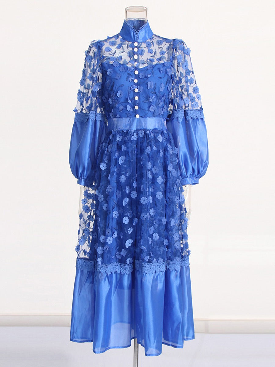 Mock collar lace  puff sleeves dress
