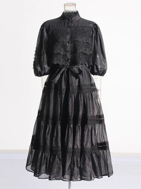 Embroidery mock neck Short Sleeve High Waist dress