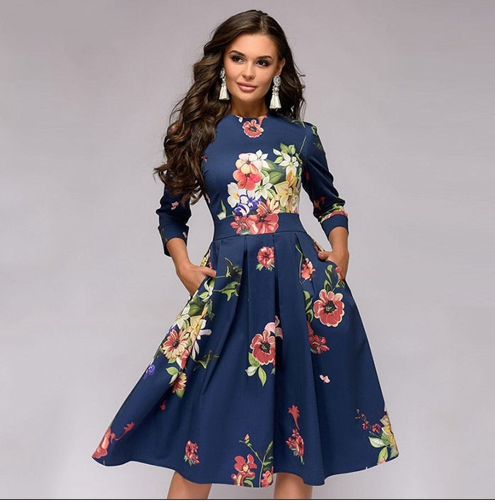 A Line Dress  3/4 Sleeve Round Neck Dress