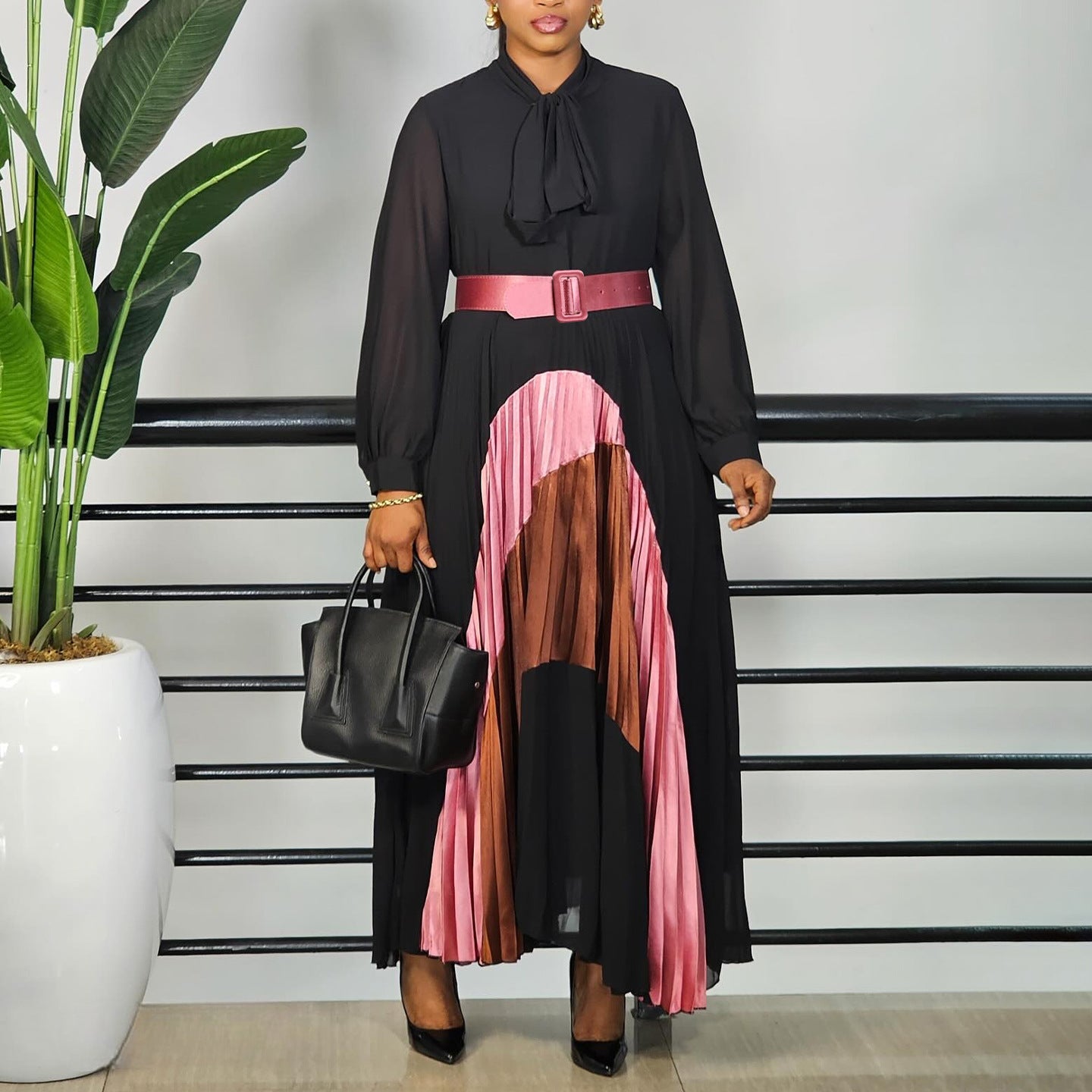 pleated color block belted dress