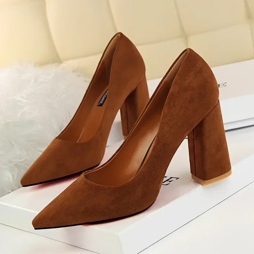 Elegant Suede Block High Heels  Pumps