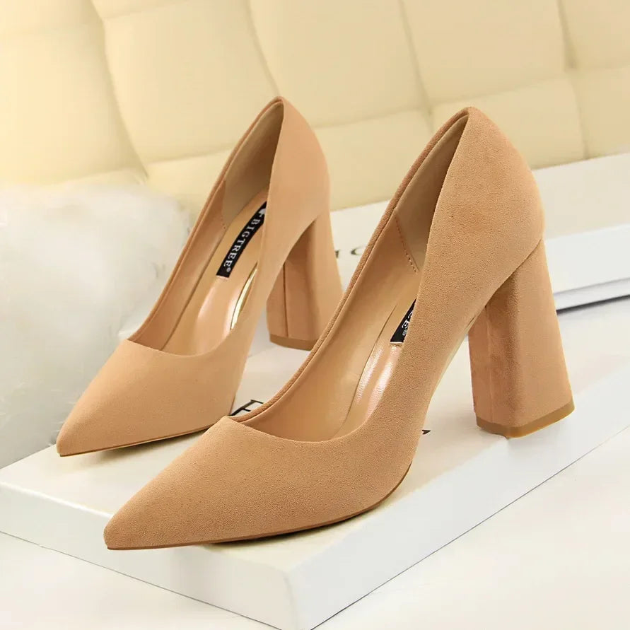 Elegant Suede Block High Heels  Pumps
