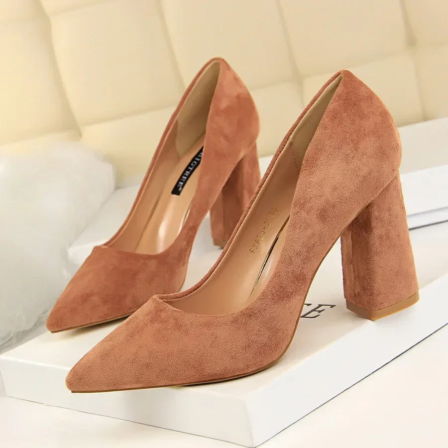 Elegant Suede Block High Heels  Pumps