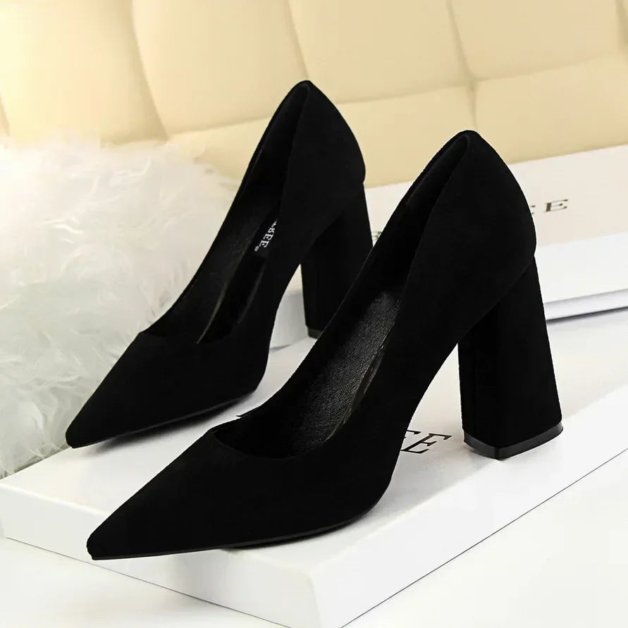 Elegant Suede Block High Heels  Pumps