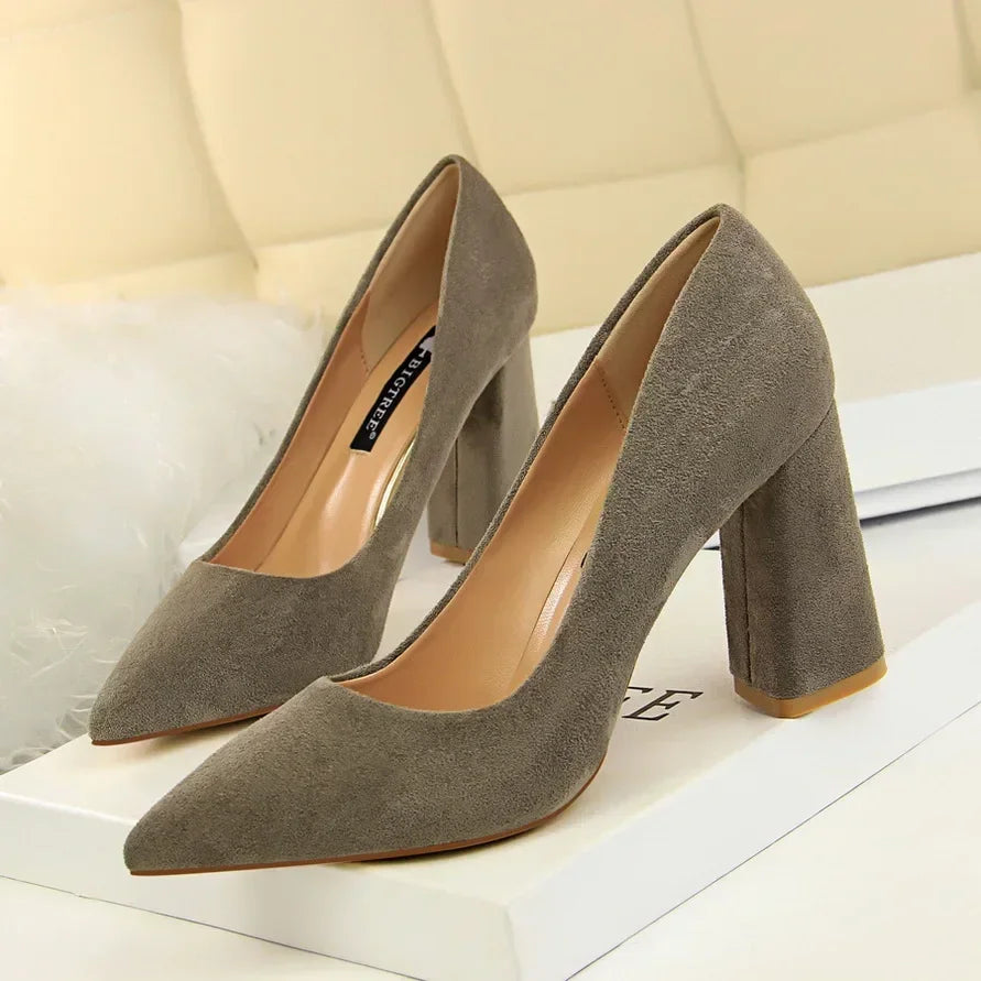 Elegant Suede Block High Heels  Pumps