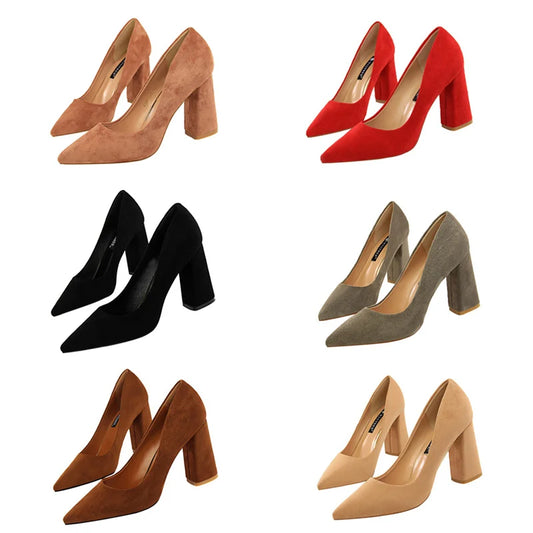 Elegant Suede Block High Heels  Pumps