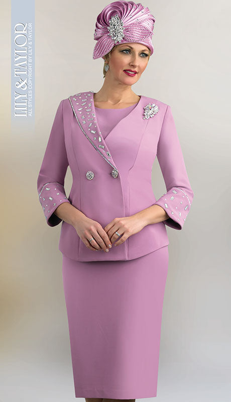 Lily And Taylor 4638-ROSE-QS ( 3pc Peachskin Womens Sunday Suit With Confetti Rhinestone Trim )