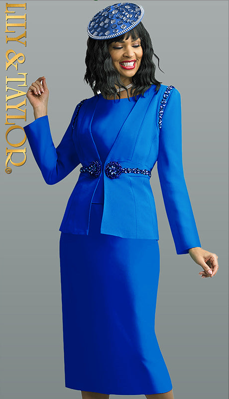 Lily And Taylor 4637-ROY-QS ( 3pc Peachskin Womens Church Suit With Rhinestone Trim )